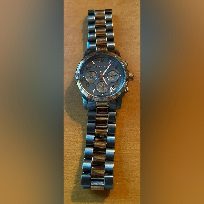 Michael Kors Chronograph Watch Mens Black Stainless Gold Bezel Black Dial